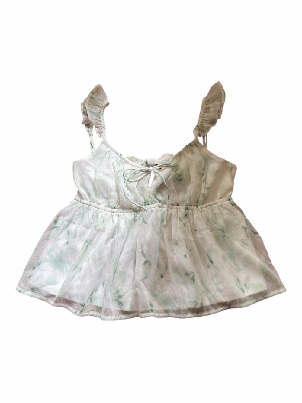 Hollister White and Light Green Floral Ruffle Tank Top